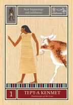 Illustration of an ancient Egyptian scene with a woman and a cow, featuring hieroglyphs and text on a beige background.