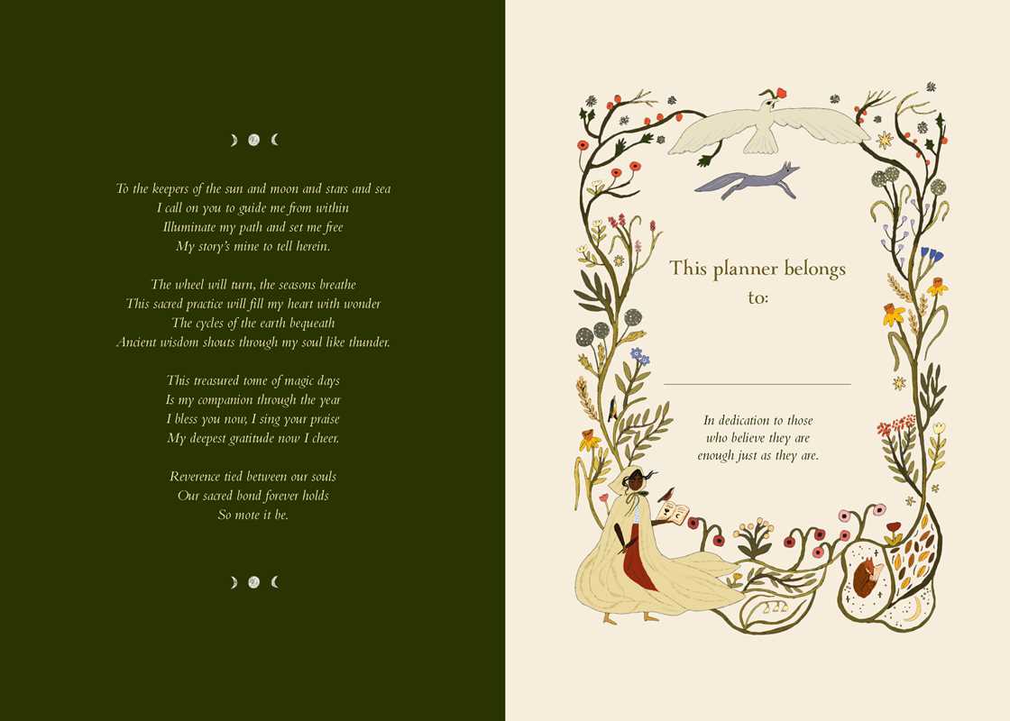 Two pages of a planner with decorative text and illustrations on a green and beige background.