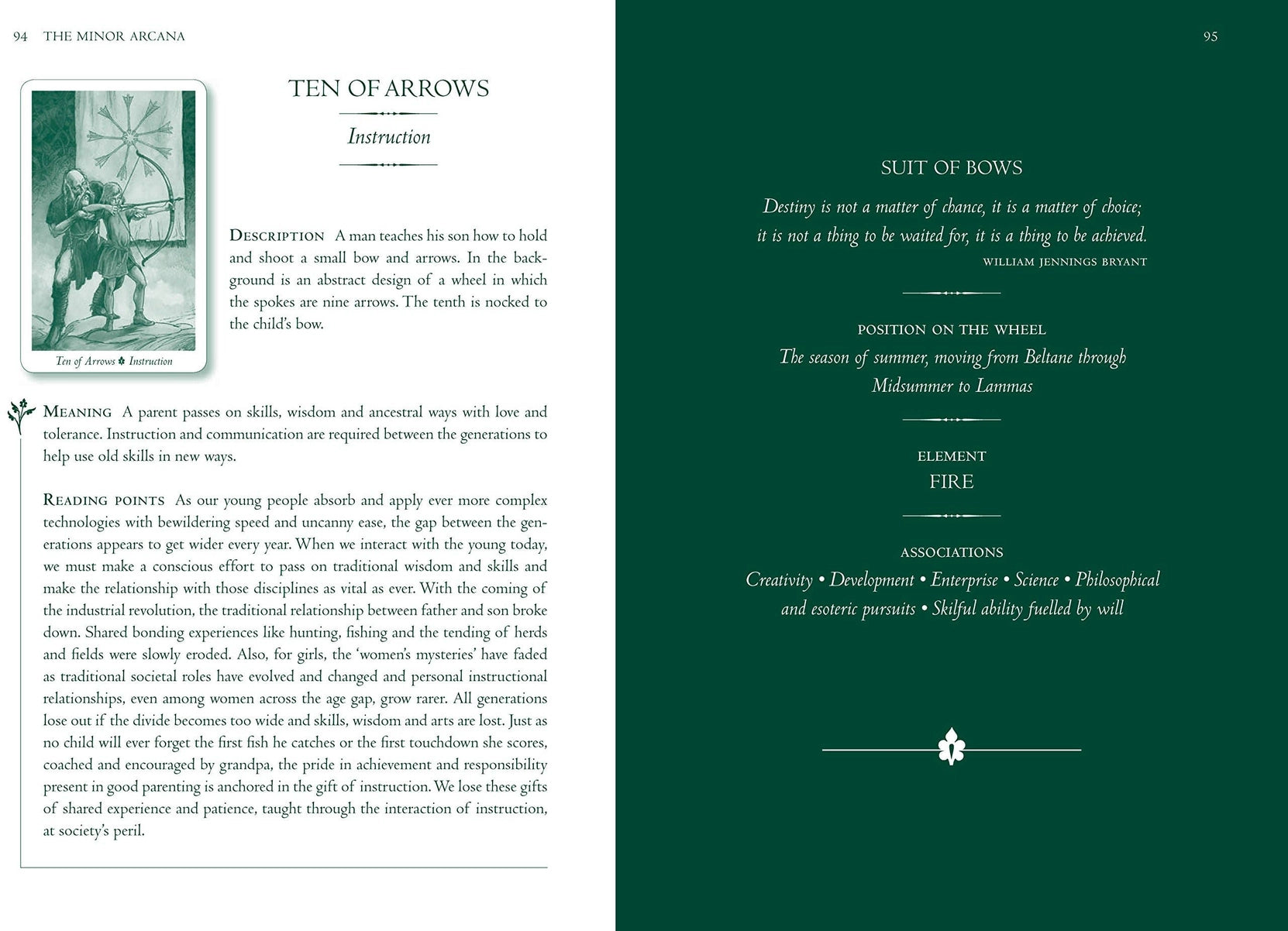 Open book with pages about 'Ten of Arrows' and 'Suit of Bows' from a tarot or oracle card set.