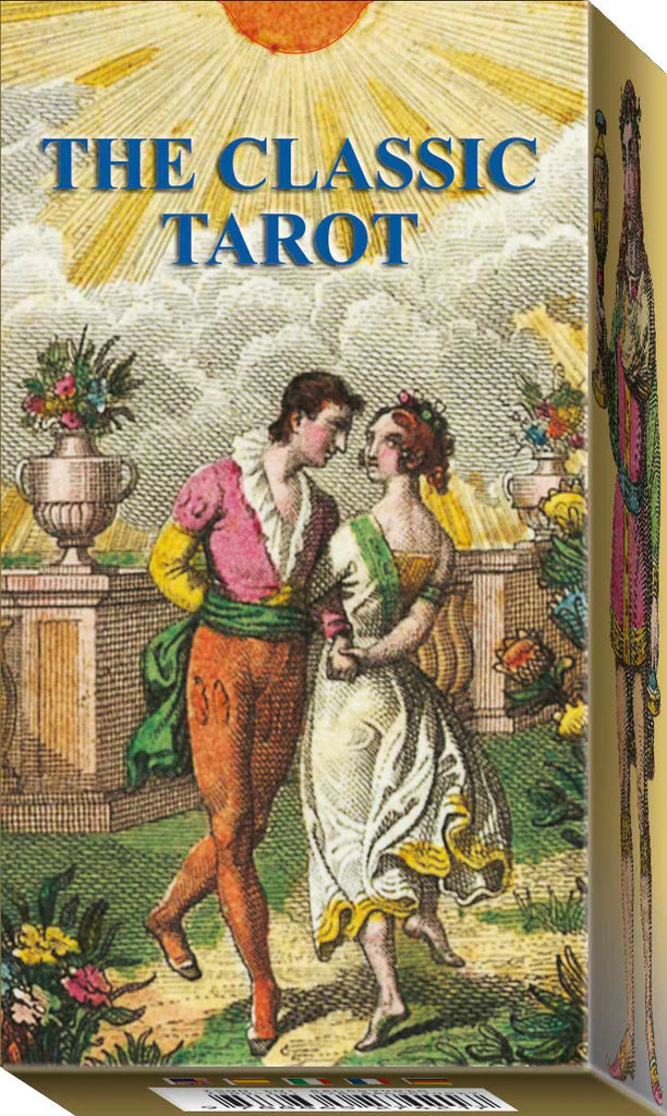 Cover of 'The Classic Tarot' with vintage-style illustration of a couple and sun.