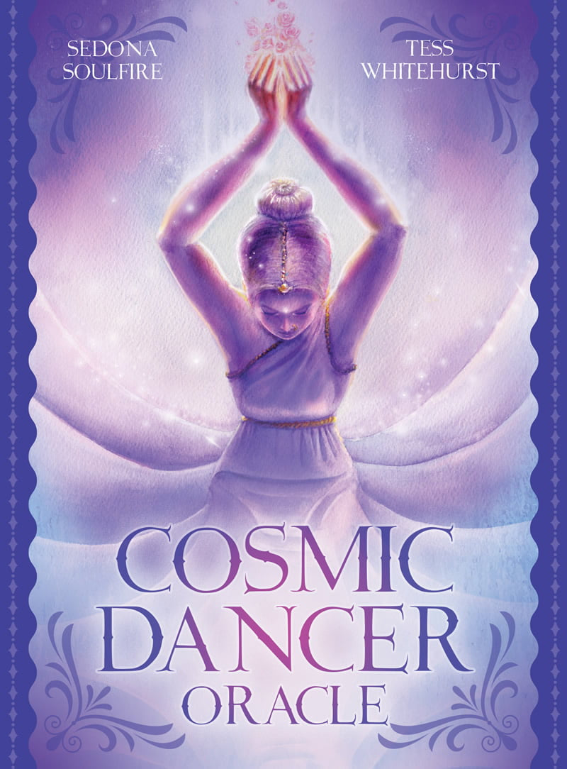 Book cover of 'Cosmic Dancer Oracle' by Tess Whitehurst with a stylized figure and purple gradient background.