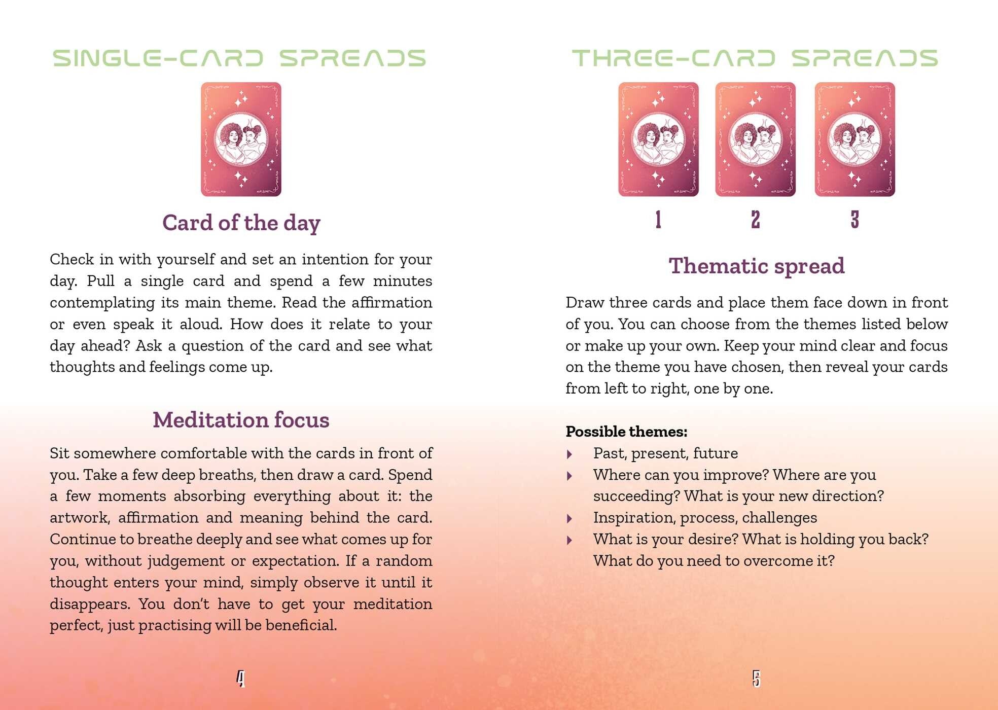 Instructions for using tarot cards with text and card images on a gradient background