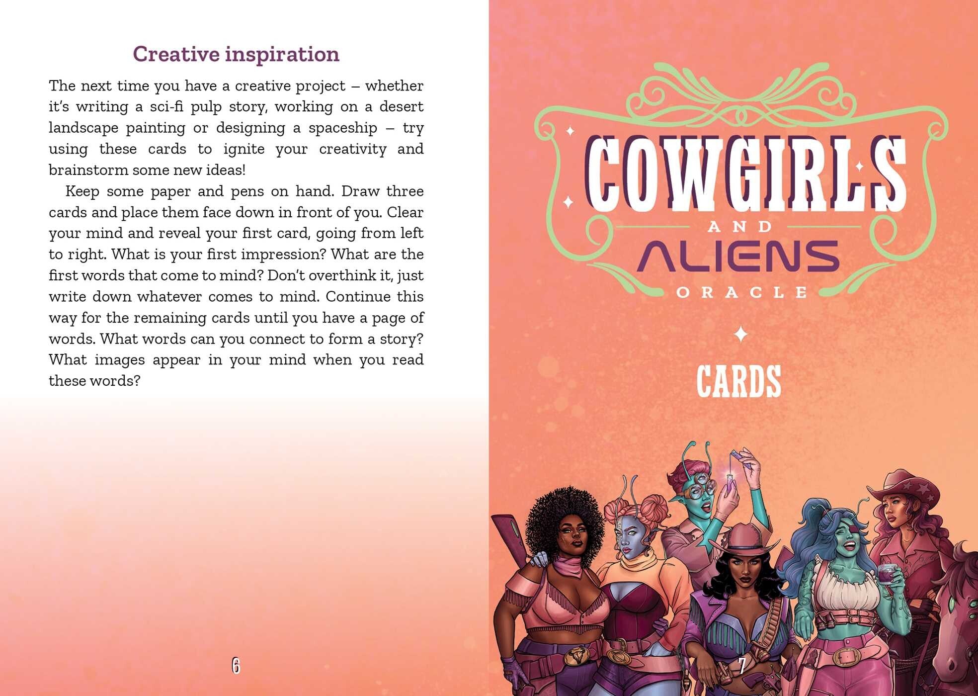 Book page with 'Cowgirls and Aliens Oracle Cards' on a pink background
