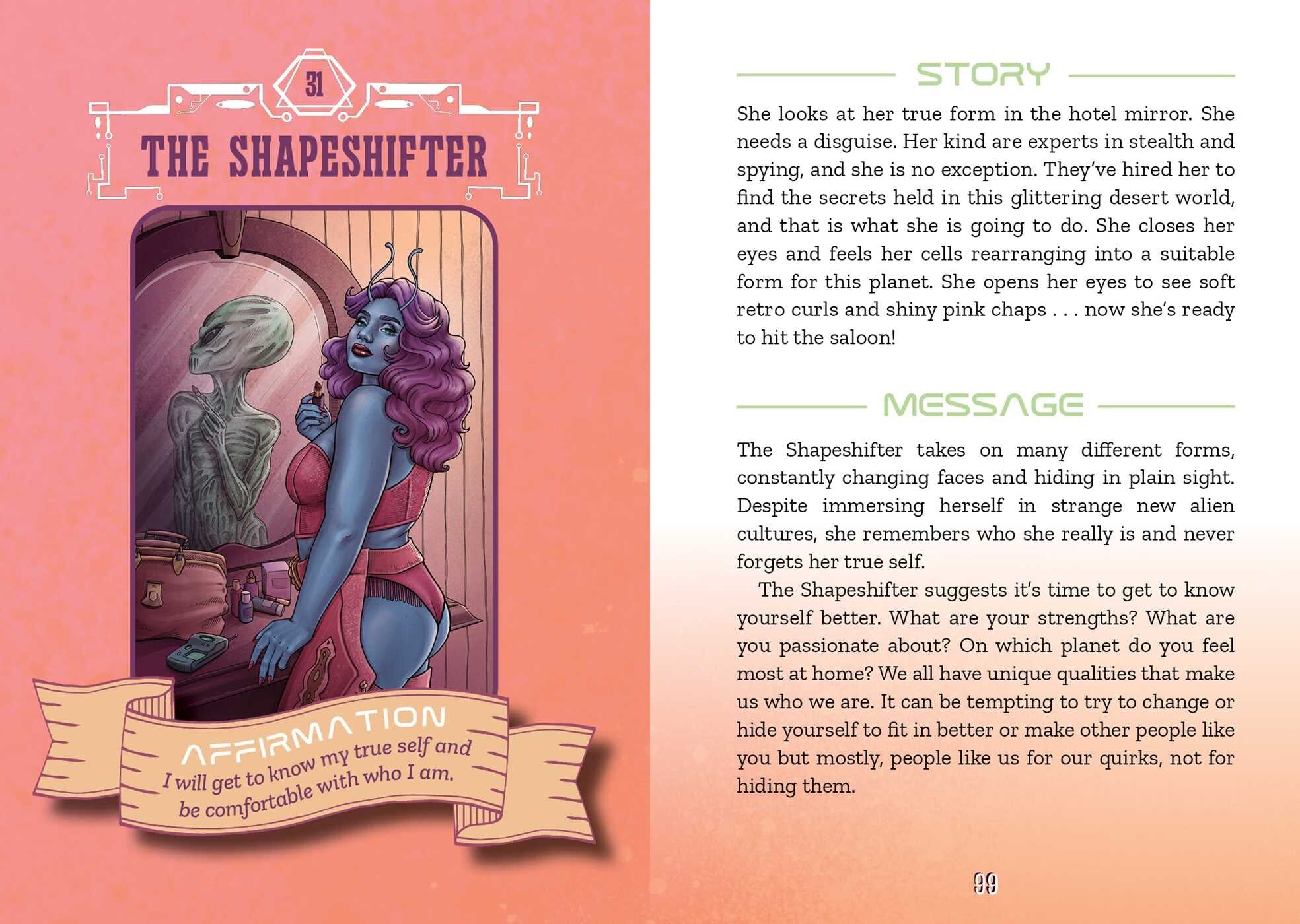 Illustration of a shapeshifter character with text on a pink background