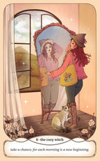Illustration of a cozy witch looking into a mirror with a cat by her side, set against a window view.