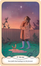 Person standing in a garden under a starry sky with text '17 - the star have faith that healing is in the forecast'.