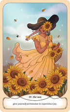 Illustration of a woman in a yellow dress with sunflowers, surrounded by sunflowers, with text '19 - the sun give yourself permission to experience joy.'.