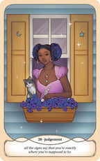Card from a tarot deck with a woman, cat, and flowers, labeled 'Judgement'.
