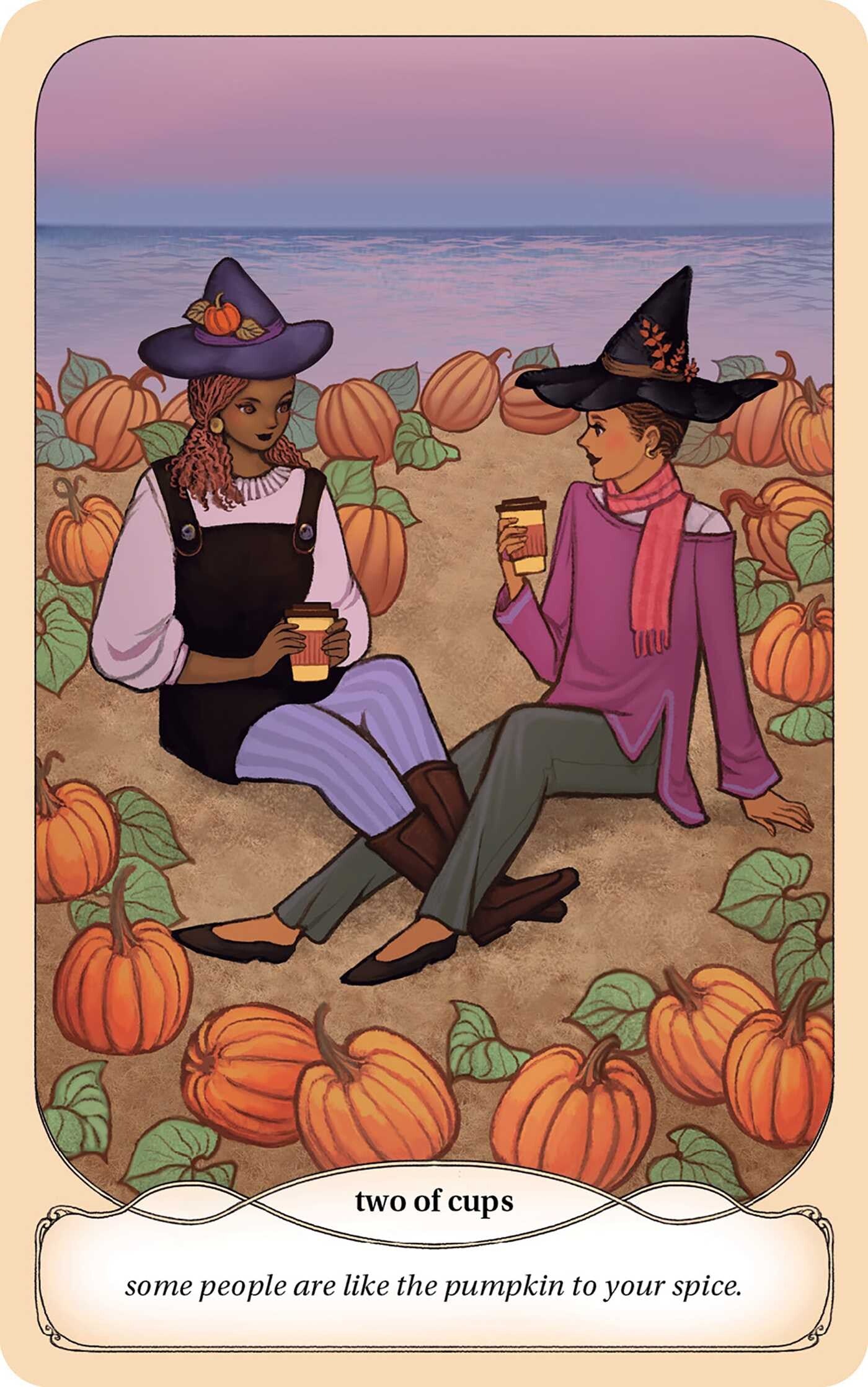 Two people in Halloween costumes sitting among pumpkins with a scenic background.