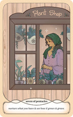 Card from a tarot deck titled 'Seven of Pentacles' featuring a woman in a plant shop.