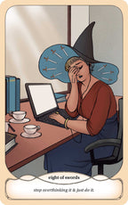 Illustration of a person in a witch hat using a laptop with text 'eight of swords' at the bottom.