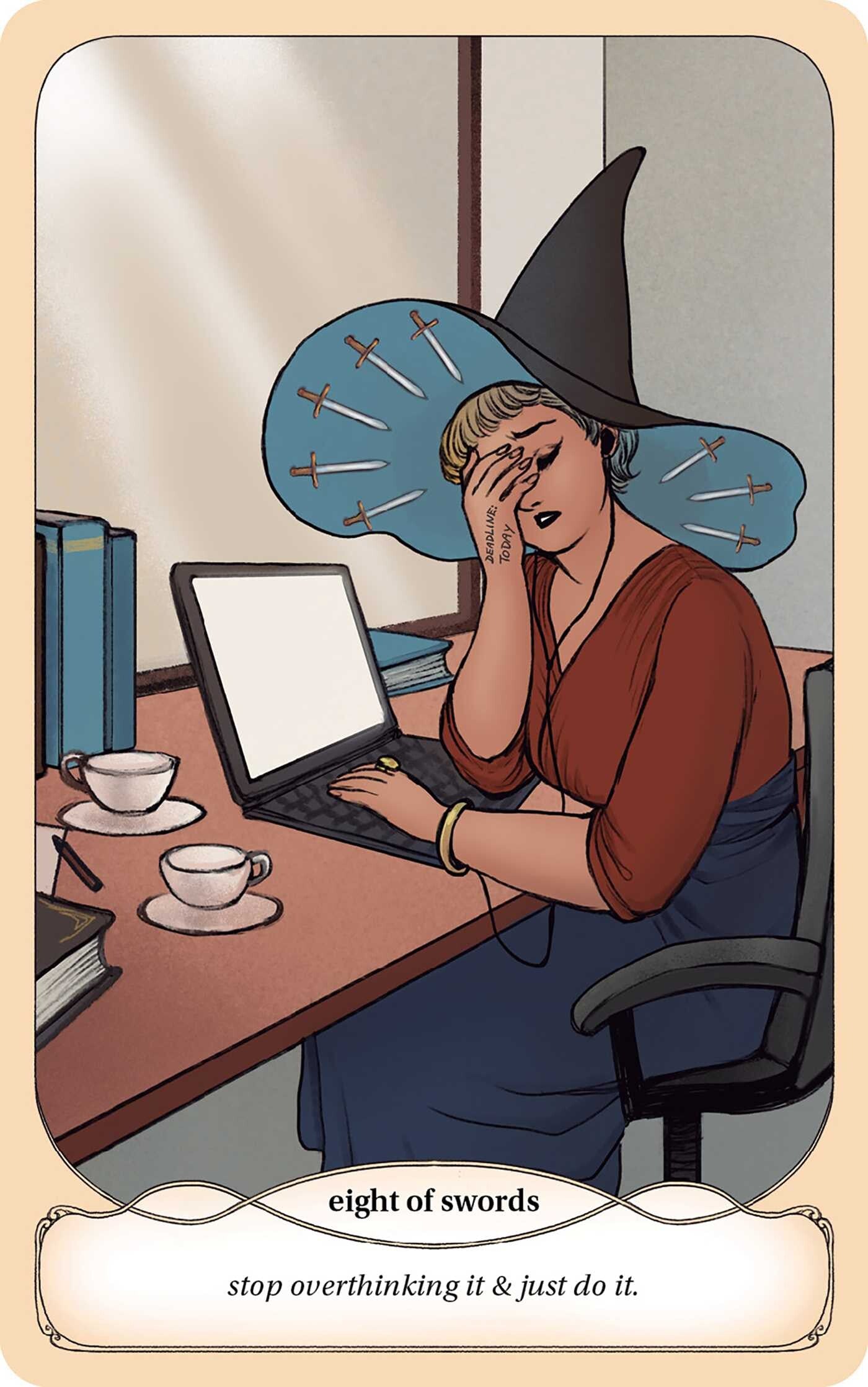 Illustration of a person in a witch hat using a laptop with text 'eight of swords' at the bottom.