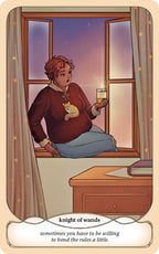 Illustration of a person sitting by a window with a cat, holding a glass, tarot card titled 'Knight of Wands'.