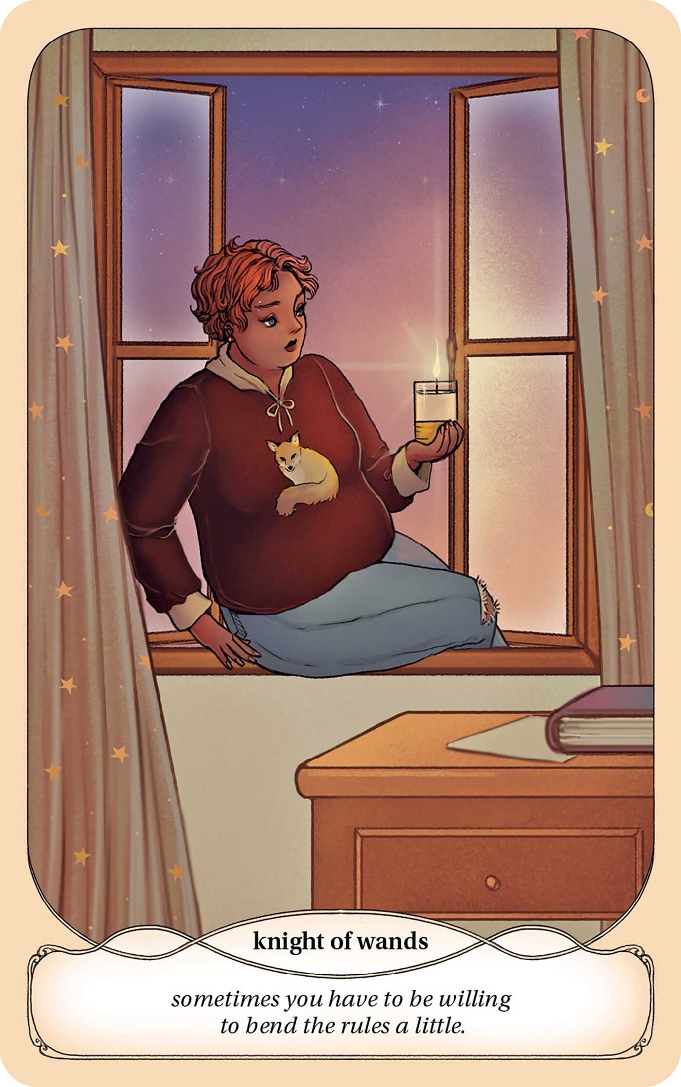 Illustration of a person sitting by a window with a cat, holding a glass, tarot card titled 'Knight of Wands'.