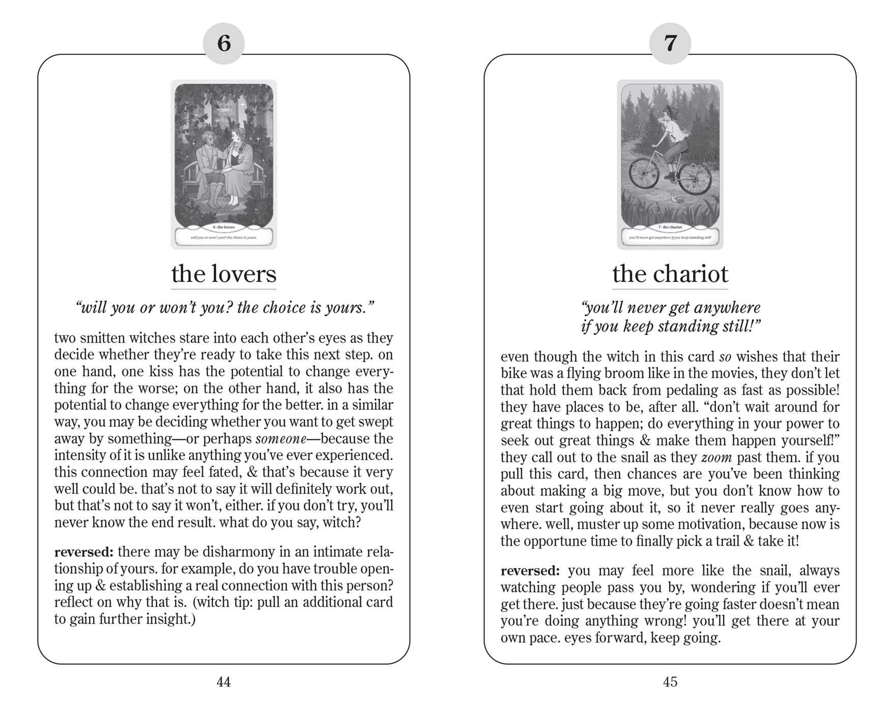 Two tarot card illustrations with descriptions and text on a white background