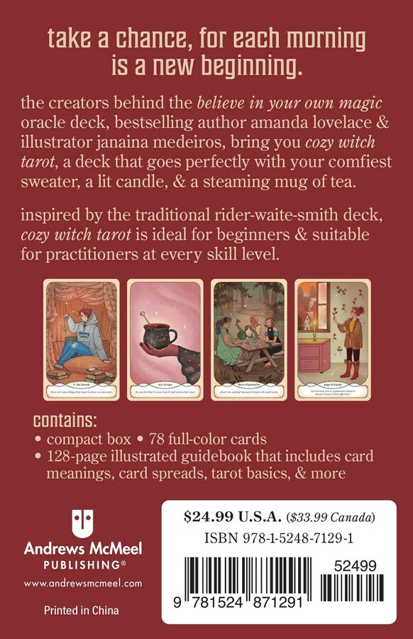 Back cover of a tarot card set packaging with text and illustrations.