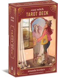 Cozy Witch Tarot Deck packaging with illustration of two people and a dog in a room.