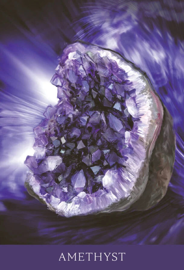 An amethyst geode crystal cluster shown in a stylized graphic design with purple and blue tones, set against a dark background with light rays. The bottom of the image features a purple banner with the text 'AMETHYST' in white.