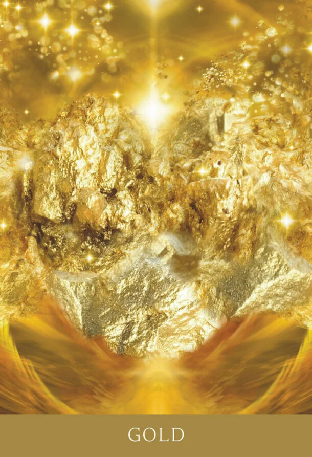A gold-themed abstract artwork with shimmering metallic gold textures, bright star-like sparkles, and a warm golden glow. The word 'GOLD' appears in white text on a tan band at the bottom.