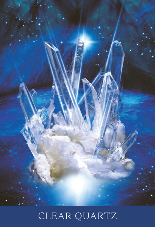 A decorative print or card featuring a glowing cluster of clear quartz crystals rising from a white base against a deep blue starry sky, with the text 'CLEAR QUARTZ' at the bottom.