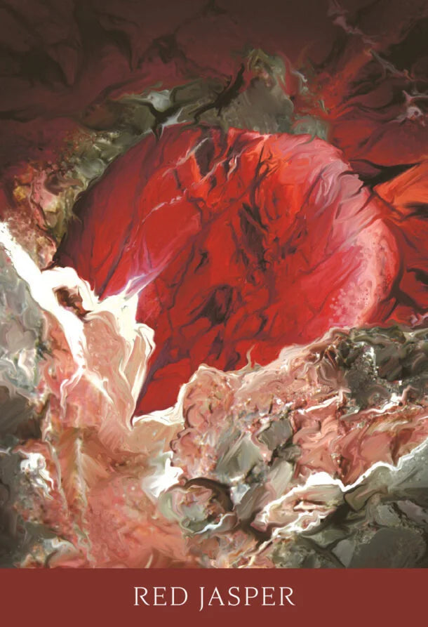 Book cover for 'Red Jasper' featuring an abstract painting of a large red form surrounded by pink, white, and gray textured shapes, with the title at the bottom on a dark red banner.