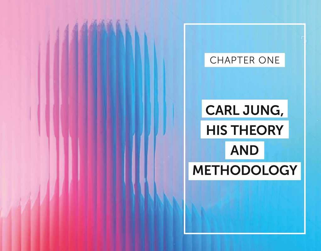 A book cover or digital cover design with the title text 'CHAPTER ONE CARL JUNG, HIS THEORY AND METHODOLOGY' in white rectangular blocks over an abstract pink-to-blue gradient background with vertical wave-like lines.