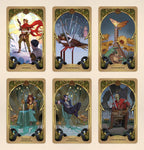 Set of tarot cards with colorful illustrations and text on a beige background