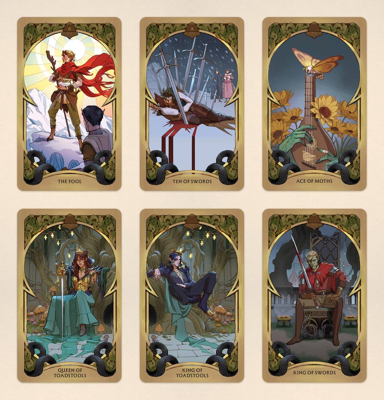 Set of tarot cards with colorful illustrations and text on a beige background