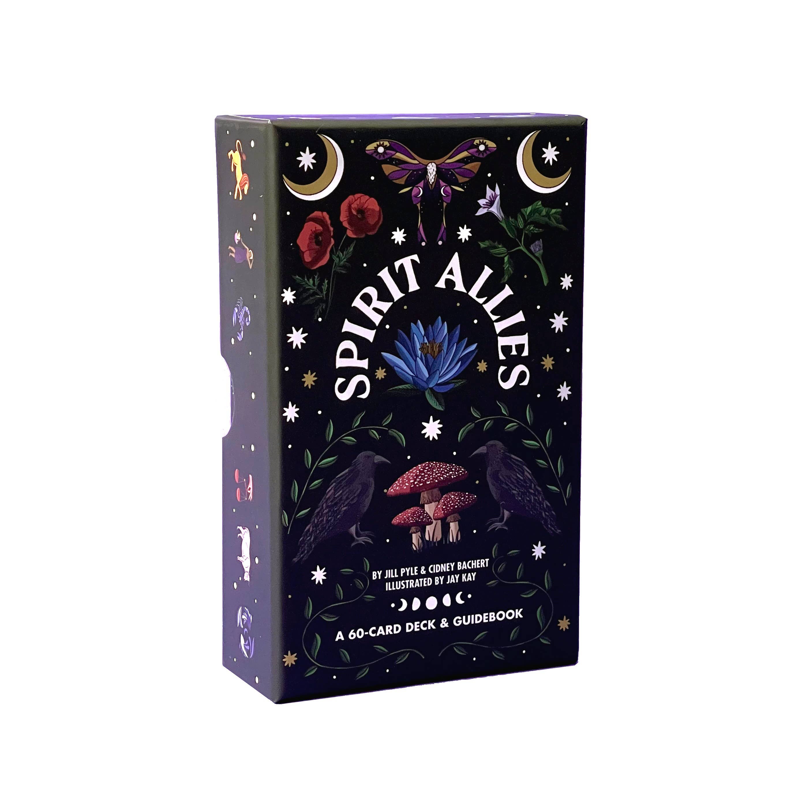 Card deck and guidebook packaging titled 'Spirit Allies' with mystical designs on a white background.
