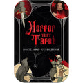 Cover of 'Horror Tiny Tarot' with tarot card illustrations and red text on a black background.