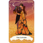 Tarot card titled 'The Lovers' featuring an illustration of a couple embracing with a warm, glowing background.
