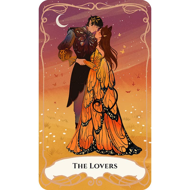 Tarot card titled 'The Lovers' featuring an illustration of a couple embracing with a warm, glowing background.