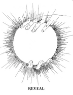 Illustration of a hand reaching towards a circular object with another hand below, labeled 'REVEAL'.