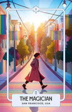 Illustration of a person walking down a colorful street with 'The Magician' tarot card text.