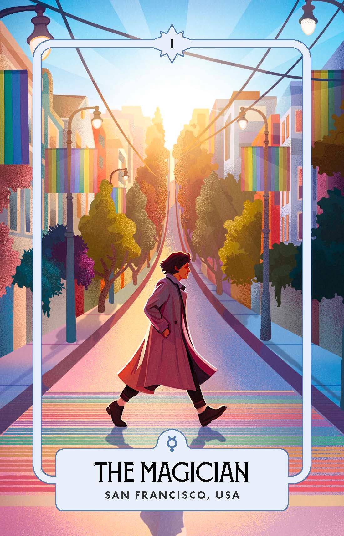 Illustration of a person walking down a colorful street with 'The Magician' tarot card text.