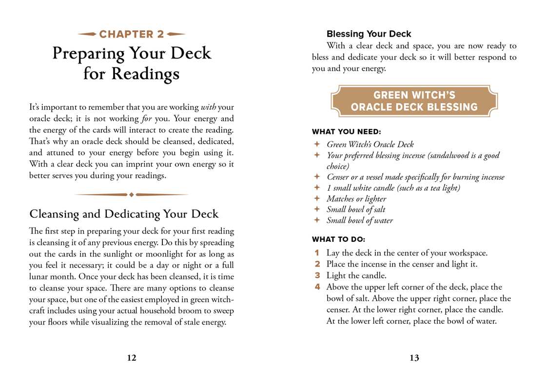 Instructions for preparing an oracle deck with Green Witch's Oracle Deck Blessing, including materials and steps.