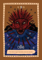 Tarot card with a red and blue mask and 'Oshe' branding on a brown background