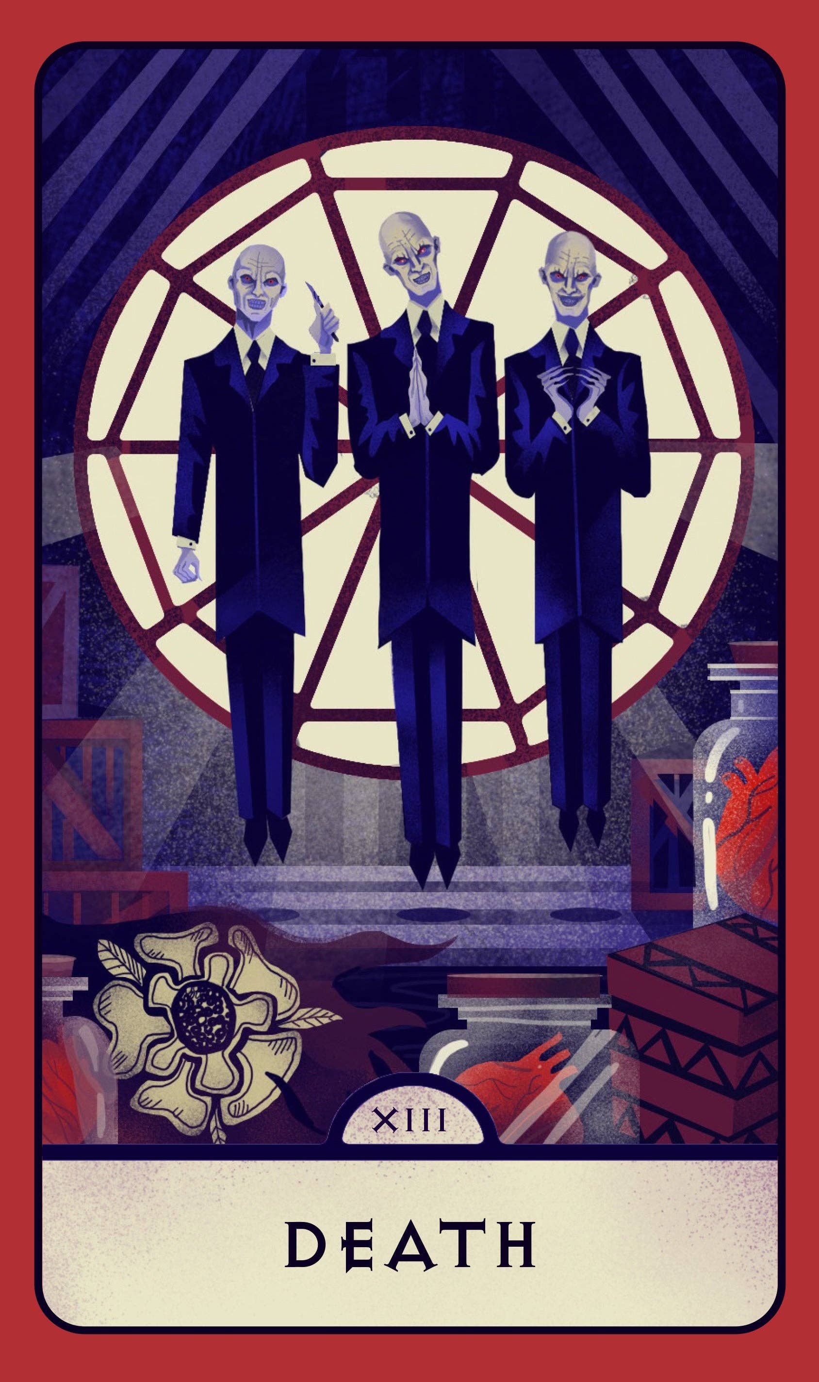 Tarot card titled 'Death' with three figures in suits and a red border.