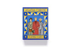 Agatha Christie playing cards packaging with illustrations of three characters on a blue and yellow background.