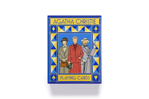 Agatha Christie playing cards packaging with illustrations of three characters on a blue and yellow background.