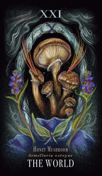 Illustration of honey mushrooms with flowers and text 'The World' on a dark background