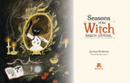 Front cover of the 'Seasons of the Witch Mabon Journal' by Lorrine Anderson, illustrated by Tiffanni Gabbe, published by Rockpool. The left half features a dark, mystical illustration with a mirror showing a witch, candles, herbs, and an open book.