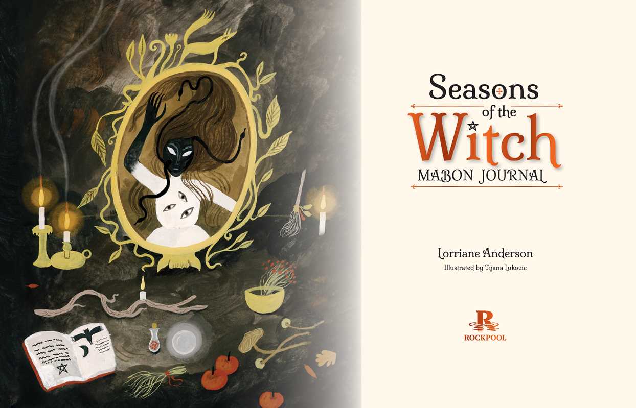 Front cover of the 'Seasons of the Witch Mabon Journal' by Lorrine Anderson, illustrated by Tiffanni Gabbe, published by Rockpool. The left half features a dark, mystical illustration with a mirror showing a witch, candles, herbs, and an open book.