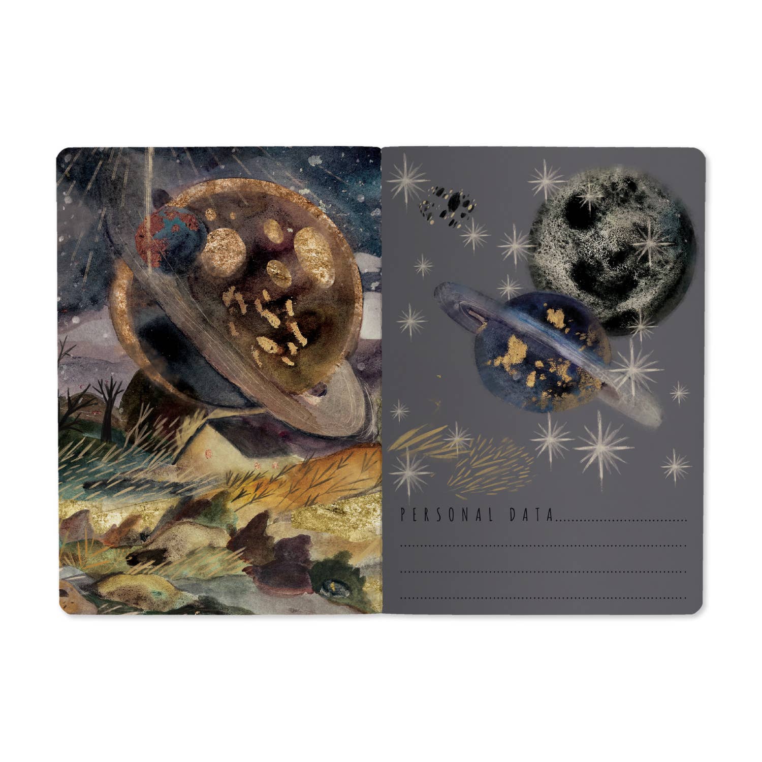 Two card designs side by side, one with a still life scene and the other with a space-themed illustration.