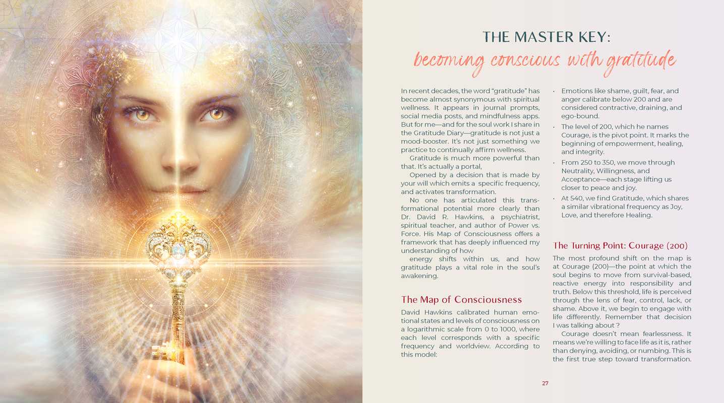 Magazine page with a woman's face and a glowing key symbol, text on consciousness and gratitude.