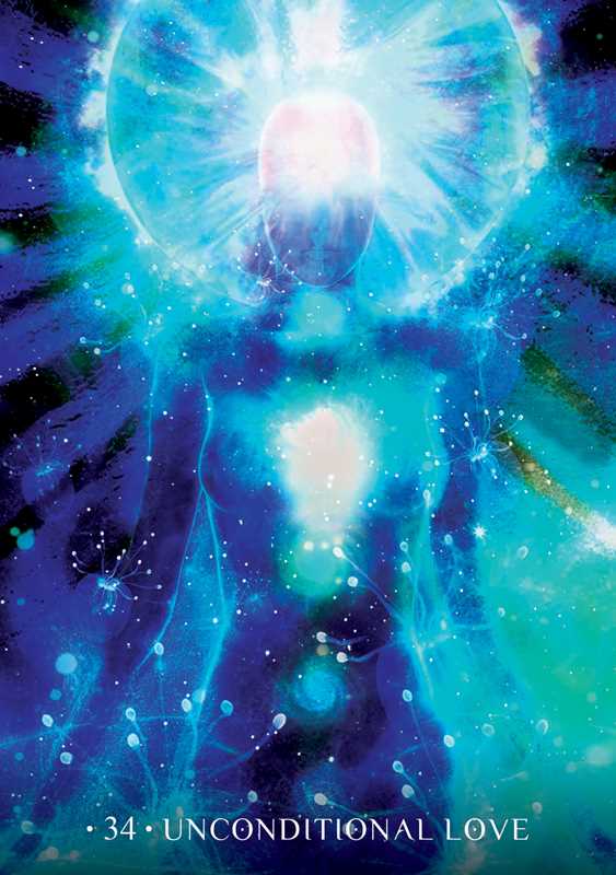 Artistic depiction of a glowing figure with 'Unconditional Love' text