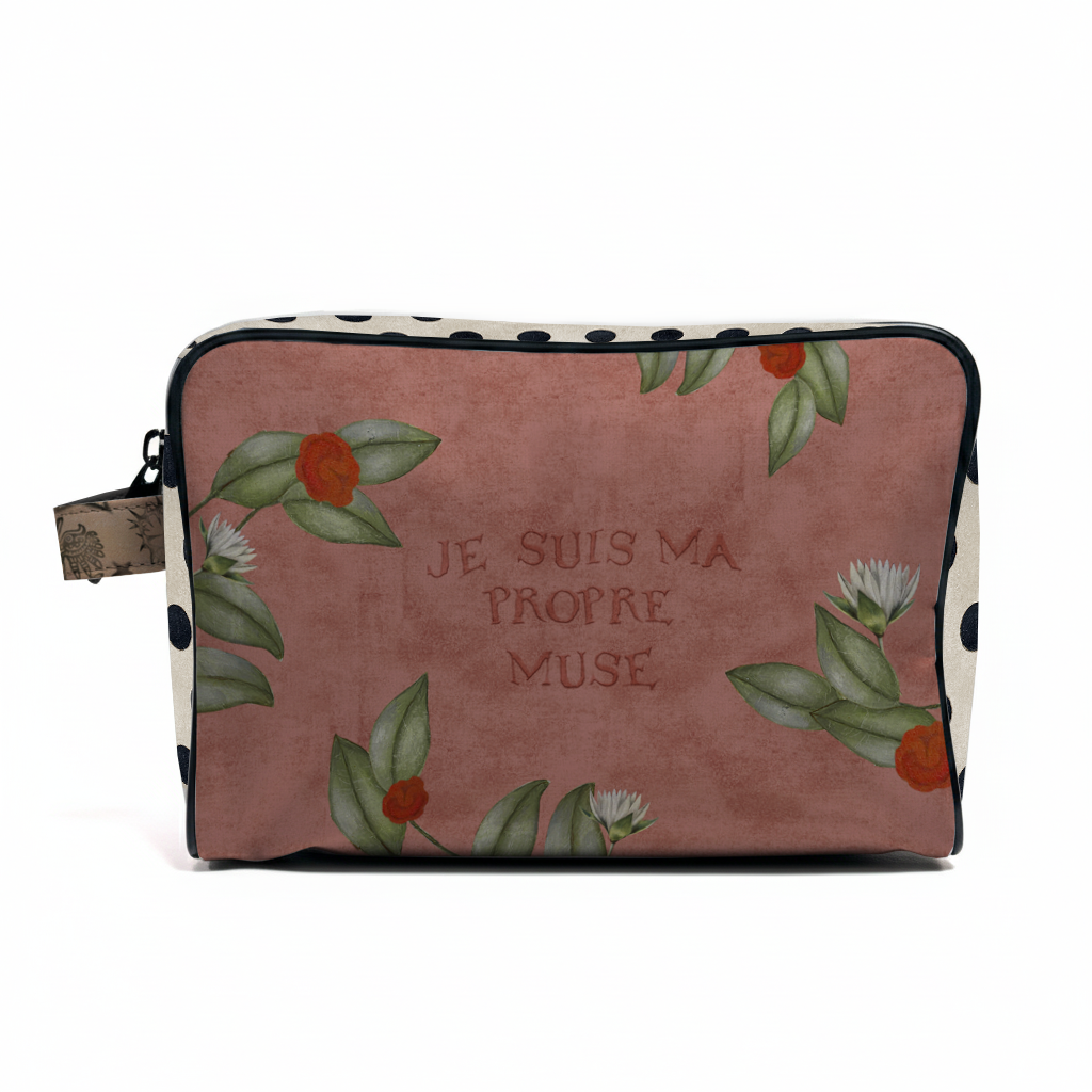 Cosmetic bag with floral design and text on a white background
