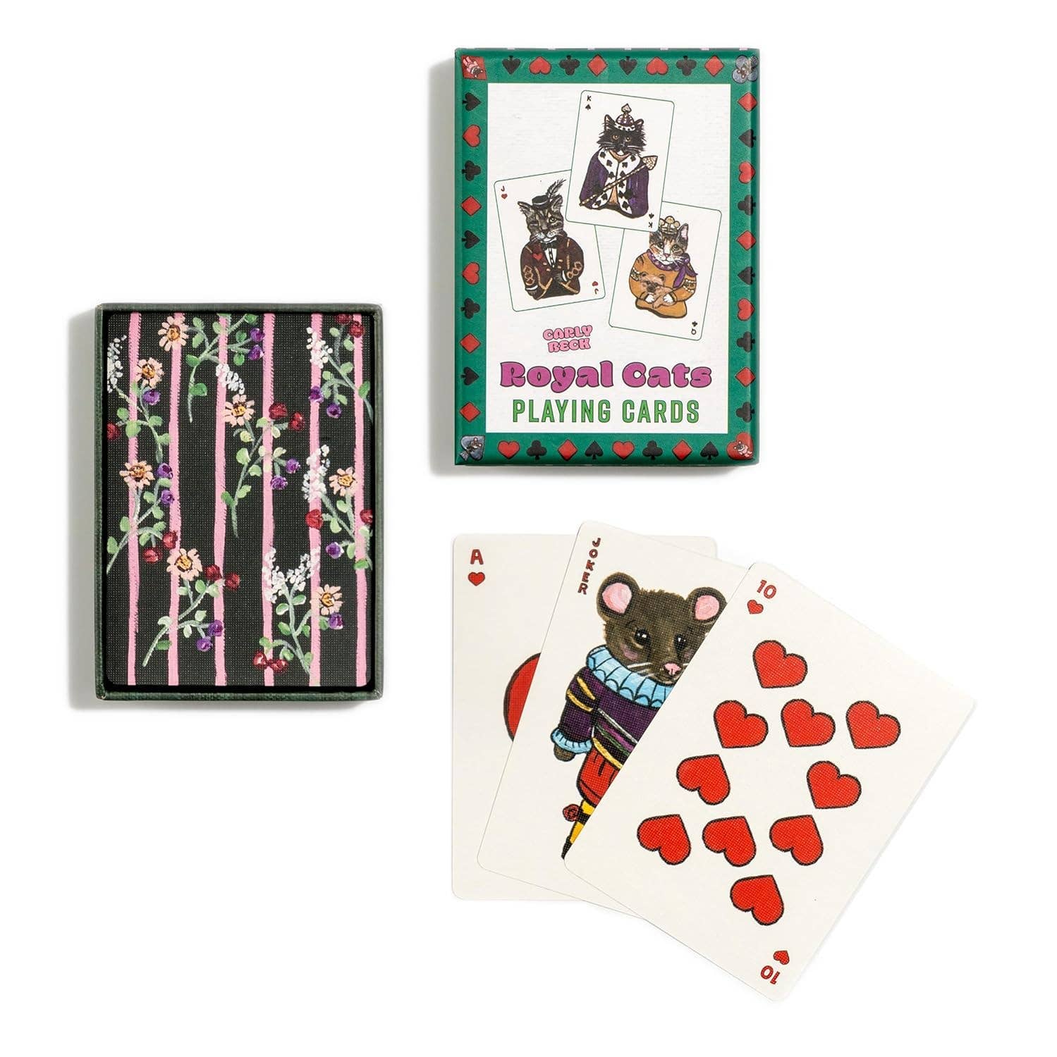A set of royal cat playing cards shown on a white background, including the illustrated card deck box, the back of the card deck with floral vertical stripes, and three sample cards featuring a mouse and red heart suits.