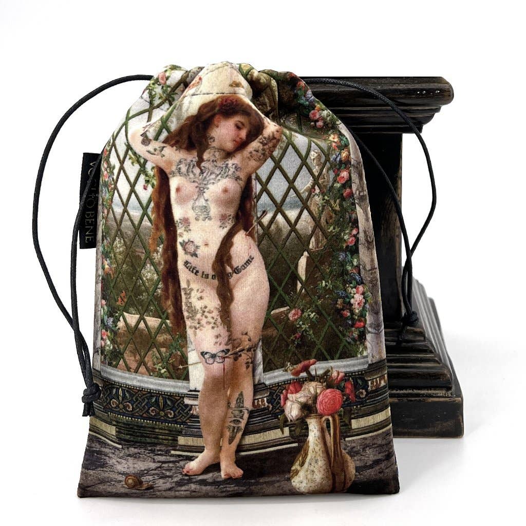 Drawstring bag with a tattooed woman design on a white background