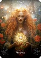 Woman with glowing hands surrounded by flowers and light, with 'Imbolc Renewal' text.
